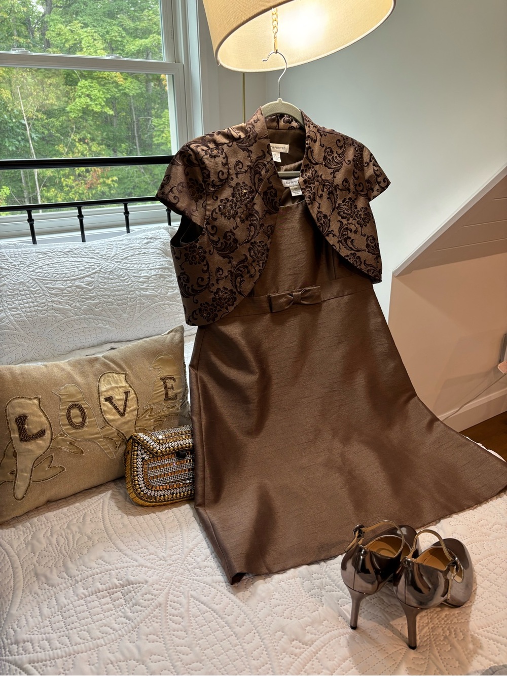 Coffee Coloured Fit-and-Flare Midi Dress with Embroidered Bolero